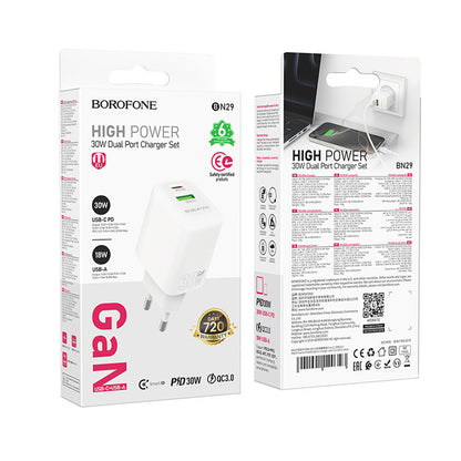 Netzladegerät Borofone BN29 Fuente, 30W, 3A, 1 x USB-A - 1 x USB-C, Weiß