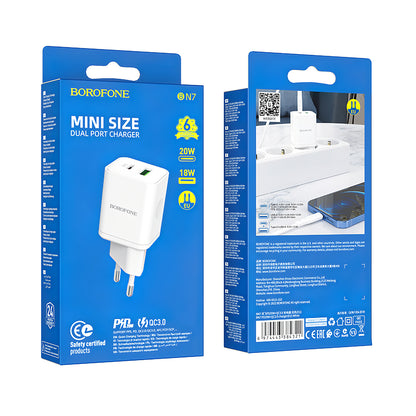 Borofone BN7 Mains Charger, 20W, 3A, 1 x USB-A - 1 x USB-C, White