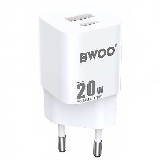 Netzwerk-Ladegerät BWOO BO-CDA156, 20W, 3A, 1 x USB-A - 1 x USB-C, Weiß 