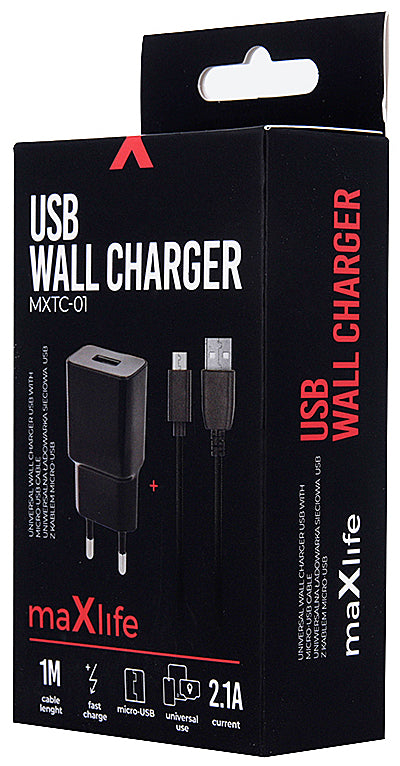 MaXlife MXTC-01 MicroUSB Cable Charger, 10.5W, 2.1A, 1 x USB-A, Black