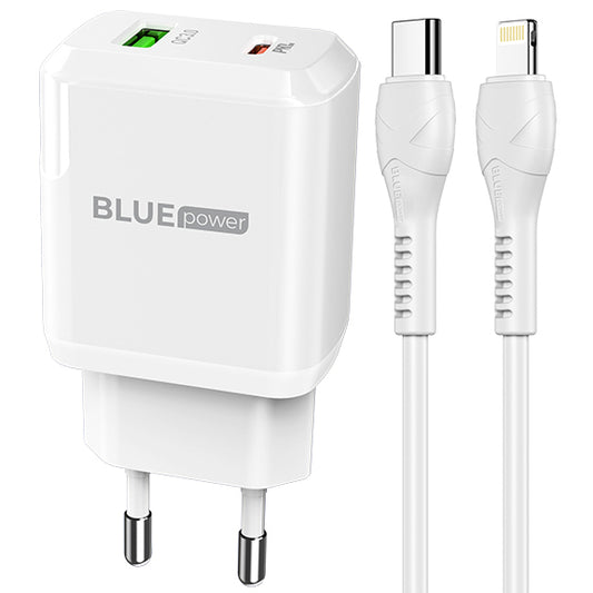 Network Charger with Lightning Cable BLUE Power BLN5, 20W, 3A, 1 x USB-A - 1 x USB-C, White