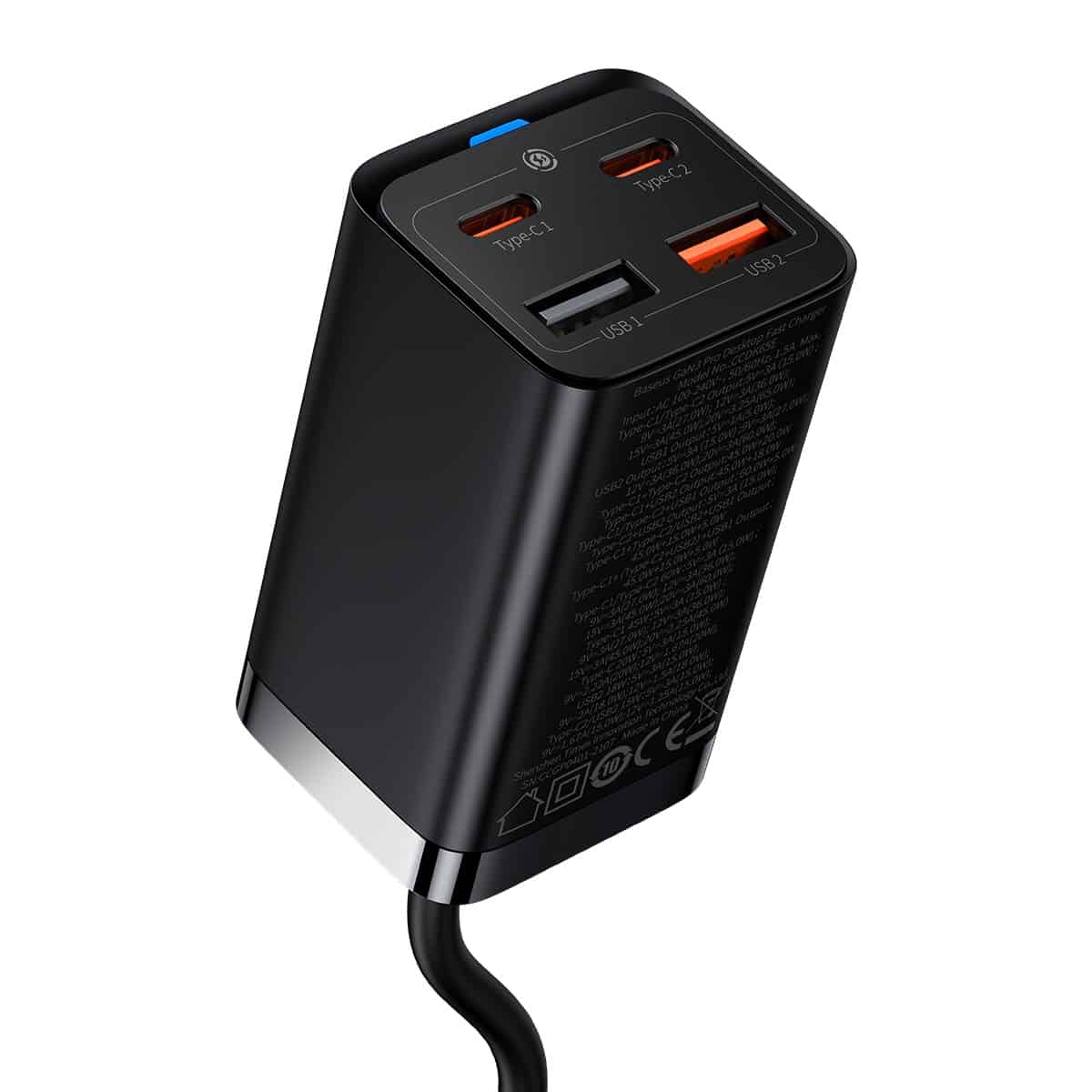 Network Charger With USB-C Cable Baseus GaN3 Pro, 65W, 3A, 2 x USB-A - 2 x USB-C, Black CCGP040101