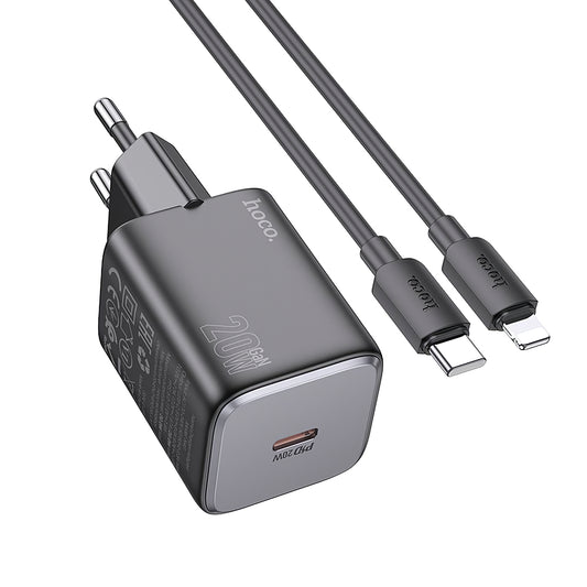 Network Charger with Lightning Cable HOCO N40, 20W, 3A, 1 x USB-C, Black 