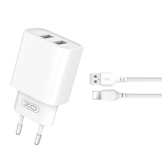 Network Charger with Lightning Cable XO Design CE02C, 10.5W, 2.1A, 2 x USB-A, White 