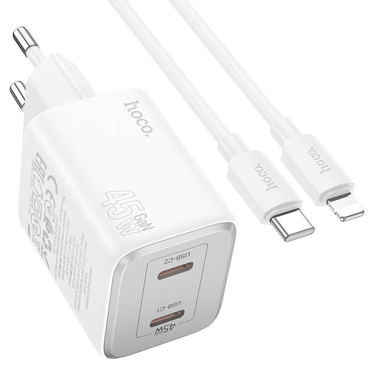 Network Charger with Lightning Cable HOCO N42, 45W, 3A, 2 x USB-C, White 