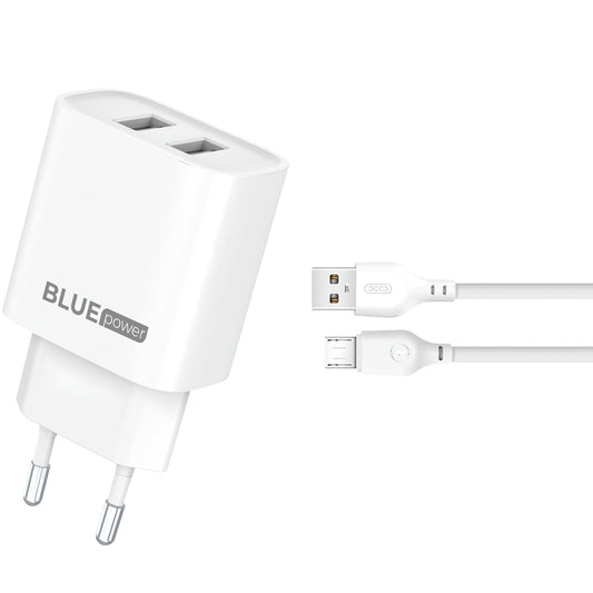 Network Charger with microUSB Cable Blue Power BPCE02M, 10.5W, 2.1A, 2 x USB-A, White 