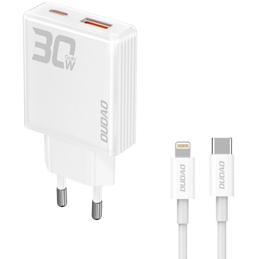 Dudao A30EUL Network Charger with Lightning Cable, 30W, 3A, 1 x USB-A - 1 x USB-C, White 