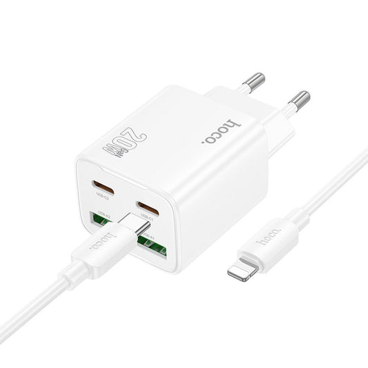 Netzladegerät mit Lightning-Kabel HOCO N55, 20W, 3A, 2 x USB-A - 2 x USB-C, Weiß