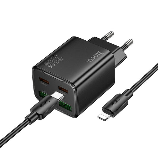 Netzladegerät mit Lightning-Kabel HOCO N55, 20W, 3A, 2 x USB-A - 2 x USB-C, Schwarz