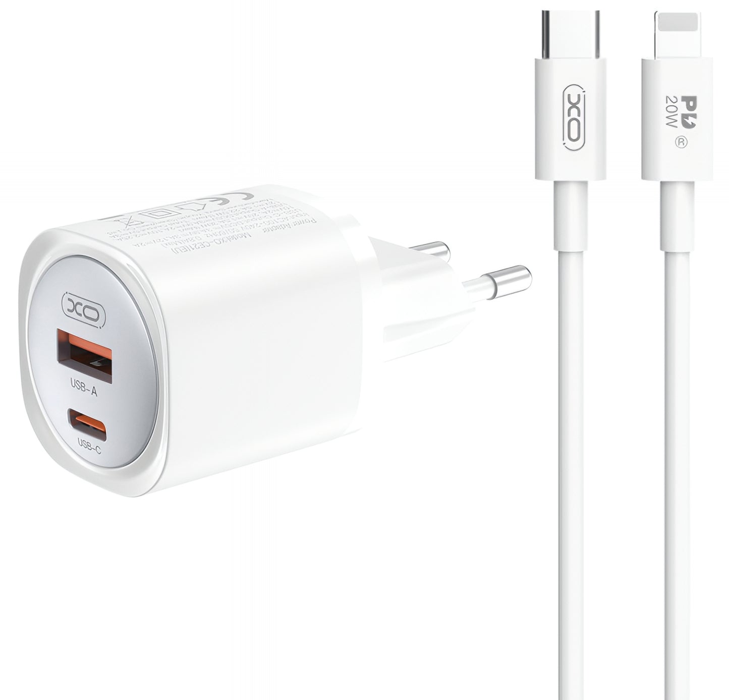Netzladegerät mit Lightning-Kabel XO Design CE21, 30W, 3A, 1 x USB-A - 1 x USB-C, Weiß