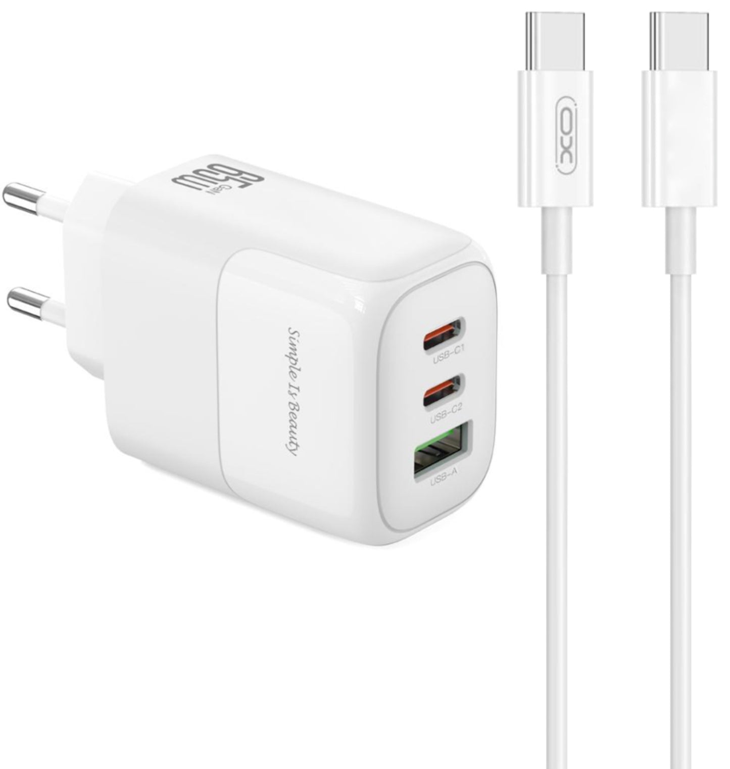 Netzladegerät mit USB-C Kabel XO Design L139, 65W, 4.5A, 1 x USB-A - 2 x USB-C, Weiß