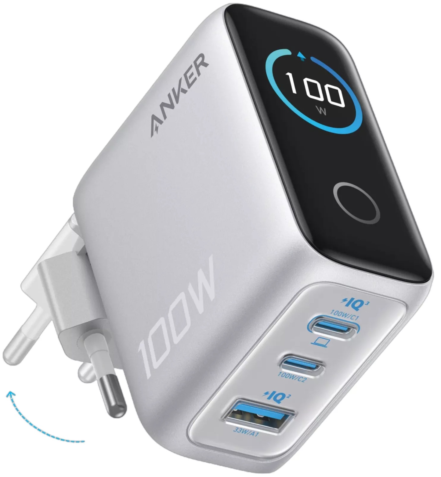 Network Charger with USB-C Cable Anker Smart Display, 100W, 5A, 1 x USB-A - 2 x USB-C, Silver B121BG41