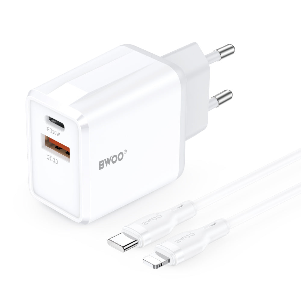Netzteil mit Lightning-Kabel BWOO CDA182, 38W, 3A, 1 x USB-A - 1 x USB-C, Weiß
