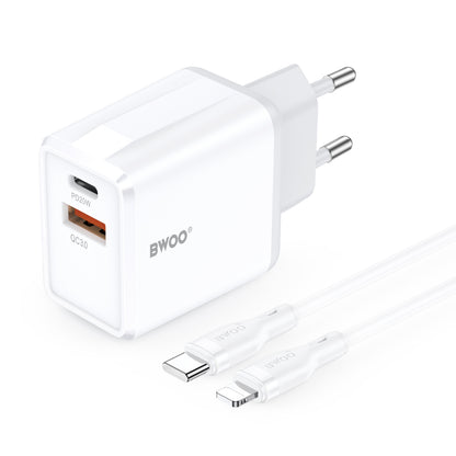 Netzteil mit Lightning-Kabel BWOO CDA182, 38W, 3A, 1 x USB-A - 1 x USB-C, Weiß