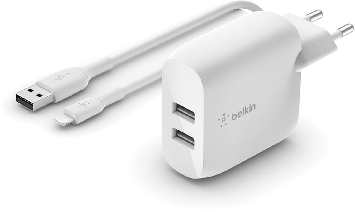 Netzteil mit USB-C-Kabel Belkin BoostCharge Dual, 24W, 2,4A, 2 x USB-A, Weiß WCE001vf1MWH