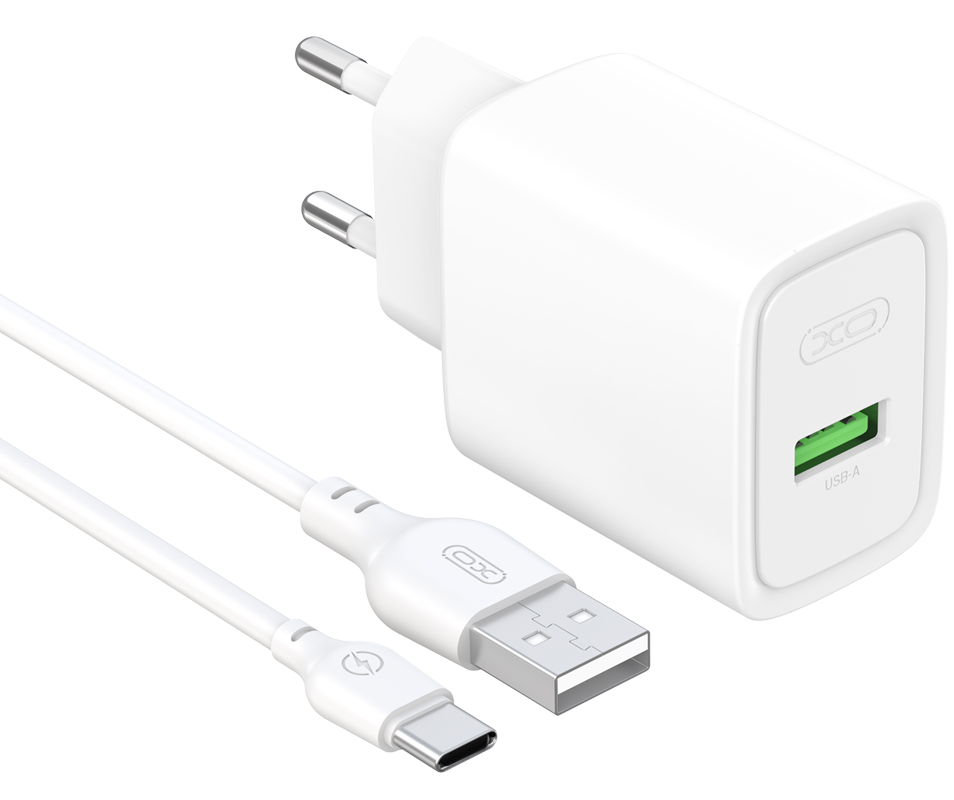 XO Design CE50 Netzladegerät mit USB-C-Kabel, 18 W, 3 A, 1 × USB-A, Weiß