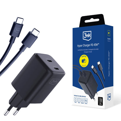 3MK HyperCharger USB-C Cable Charger, 45W, 3A, 2 x USB-C, Black