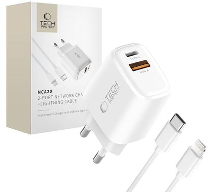 Netzteil mit Lightning-Kabel Tech-Protect NCA20, 20W, 3A, 1 x USB-A - 1 x USB-C, Weiß