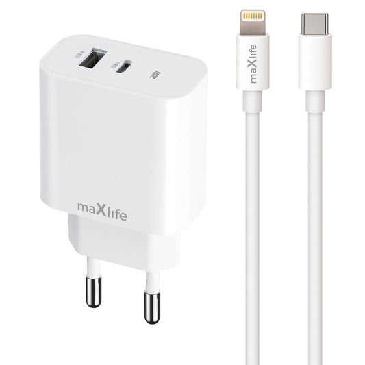 MaXlife MXTC-06-20AC MaXlife MXTC-06-20AC Network Charger with Lightning Cable, 20W, 3A, 1 x USB-A - 1 x USB-C, White 