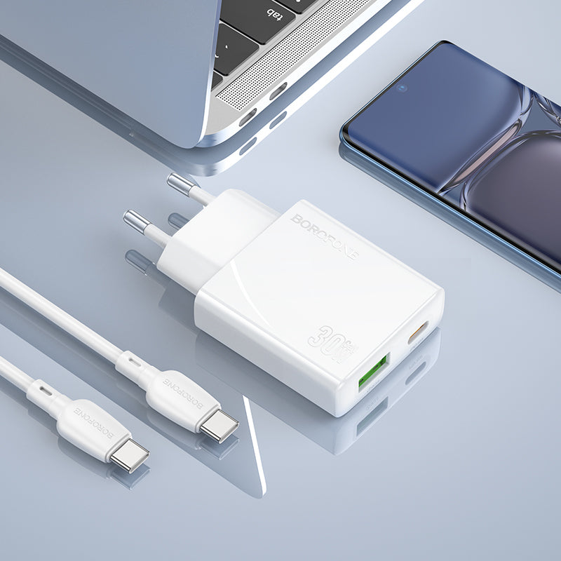 Netzwerkladegerät mit USB-C-Kabel Borofone BN25 Wish, 30 W, 3 A, 1 x USB-A - 1 x USB-C, Weiß