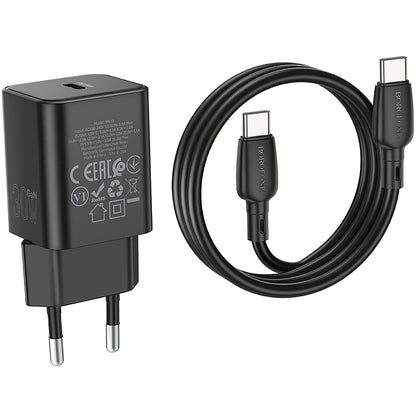 Borofone BN13 Sicherheitsnetzwerk-Ladegerät mit USB-C-Kabel, 30 W, 3 A, 1 x USB-C, Schwarz