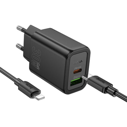 Netzladegerät mit Lightning-Kabel HOCO N63, 30W, 3A, 1 x USB-A - 1 x USB-C, Schwarz