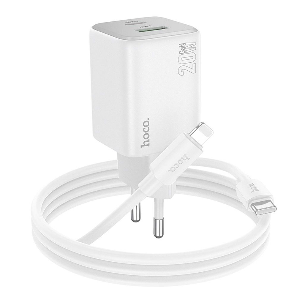 Network Charger with Lightning Cable HOCO N41, 20W, 3A, 1 x USB-A - 1 x USB-C, White