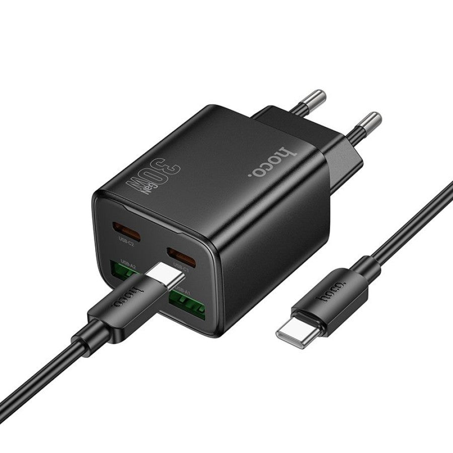 Netzladegerät mit USB-C Kabel HOCO N56, 30W, 3A, 2 x USB-A - 2 x USB-C, Schwarz