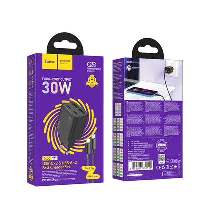 Netzladegerät mit Lightning-Kabel HOCO N56, 30W, 3A, 2 x USB-A - 2 x USB-C, Schwarz