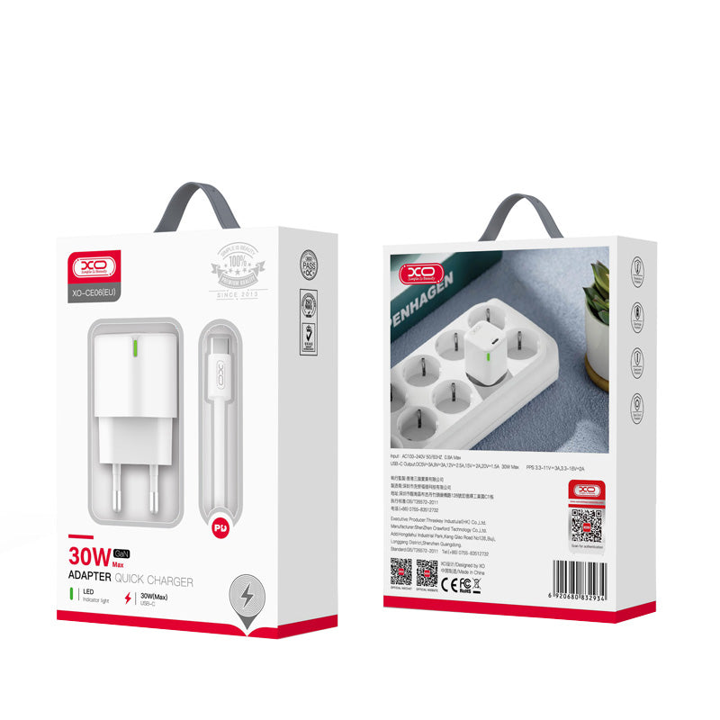 Netzladegerät mit USB-C Kabel XO Design CE06, 30W, 3A, 1 x USB-C, Weiß