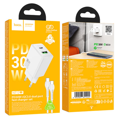 Netzladegerät mit USB-C Kabel HOCO N71, 30W, 3A, 1 x USB-A - 1 x USB-C, Weiß