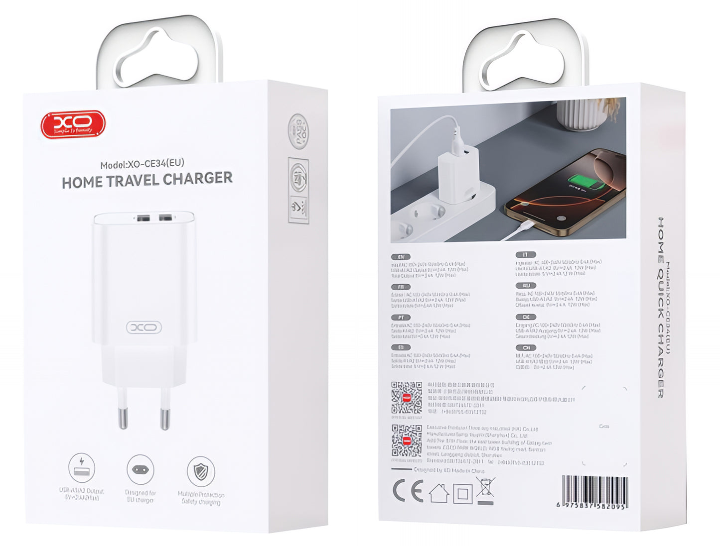 Network Charger with Lightning Cable XO Design CE34, 12W, 2.4A, 2 x USB-A, White
