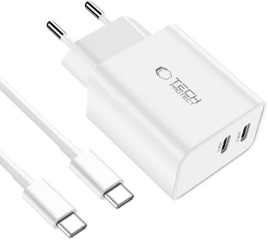 Netzladegerät mit USB-C-Kabel Tech-Protect C35W, 35W, 3A, 2 x USB-C, Weiß