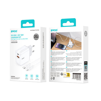 Netzteil mit Lightning-Kabel BWOO CDA182, 38W, 3A, 1 x USB-A - 1 x USB-C, Weiß