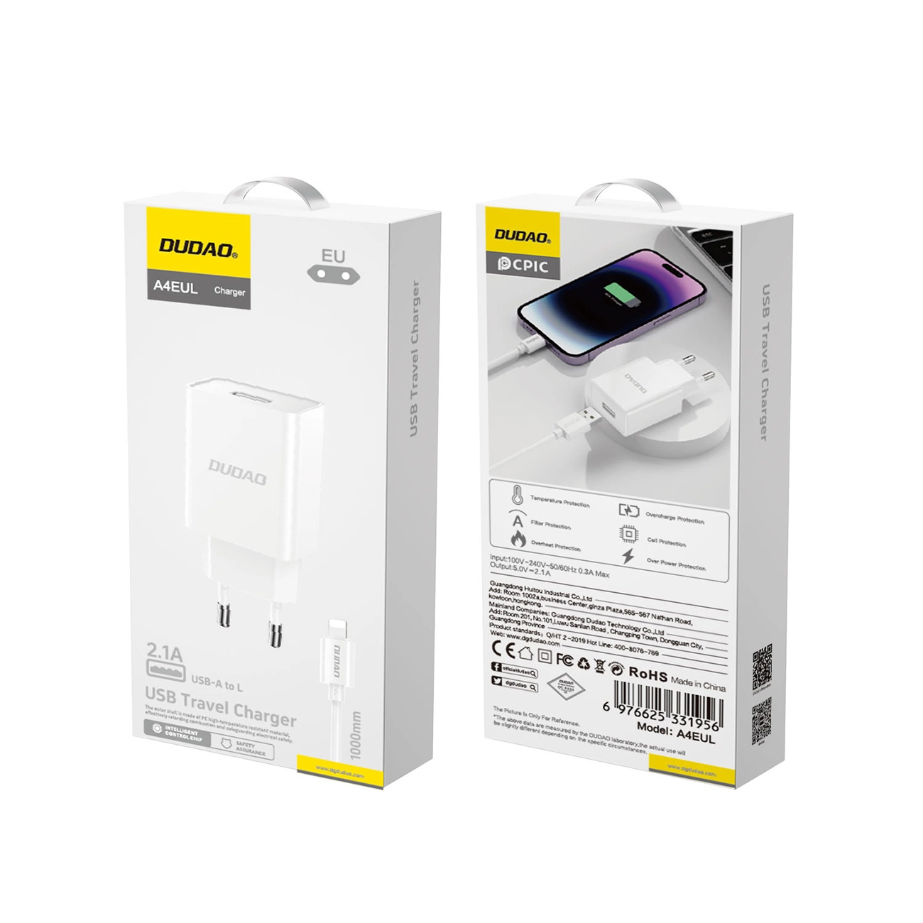 Netzladegerät mit Lightning-Kabel Dudao A4EU, 10W, 2.1A, 1 x USB-A, Weiß