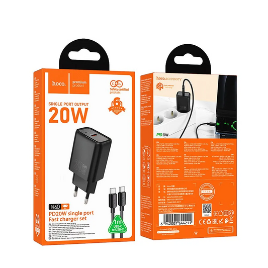 Netzladegerät mit Lightning-Kabel HOCO N60, 20W, 3A, 1 x USB-C, Schwarz