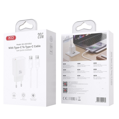 XO Design CE51 Netzladegerät mit USB-C-Kabel, 20 W, 3 A, 1 x USB-C, Weiß