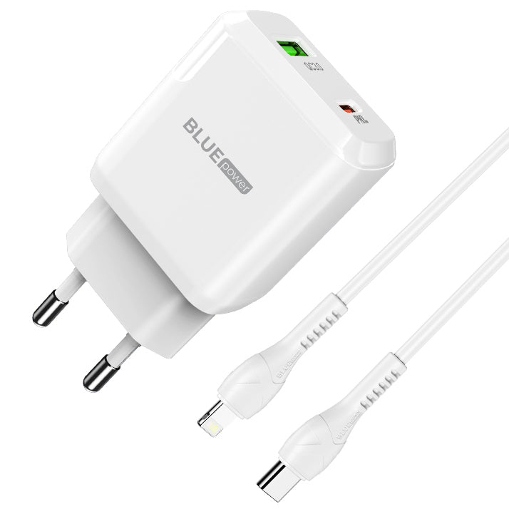 Netzwerkladegerät mit Lightning-Kabel BLUE Power BLN5, 20 W, 3 A, 1 x USB-A – 1 x USB-C, Weiß