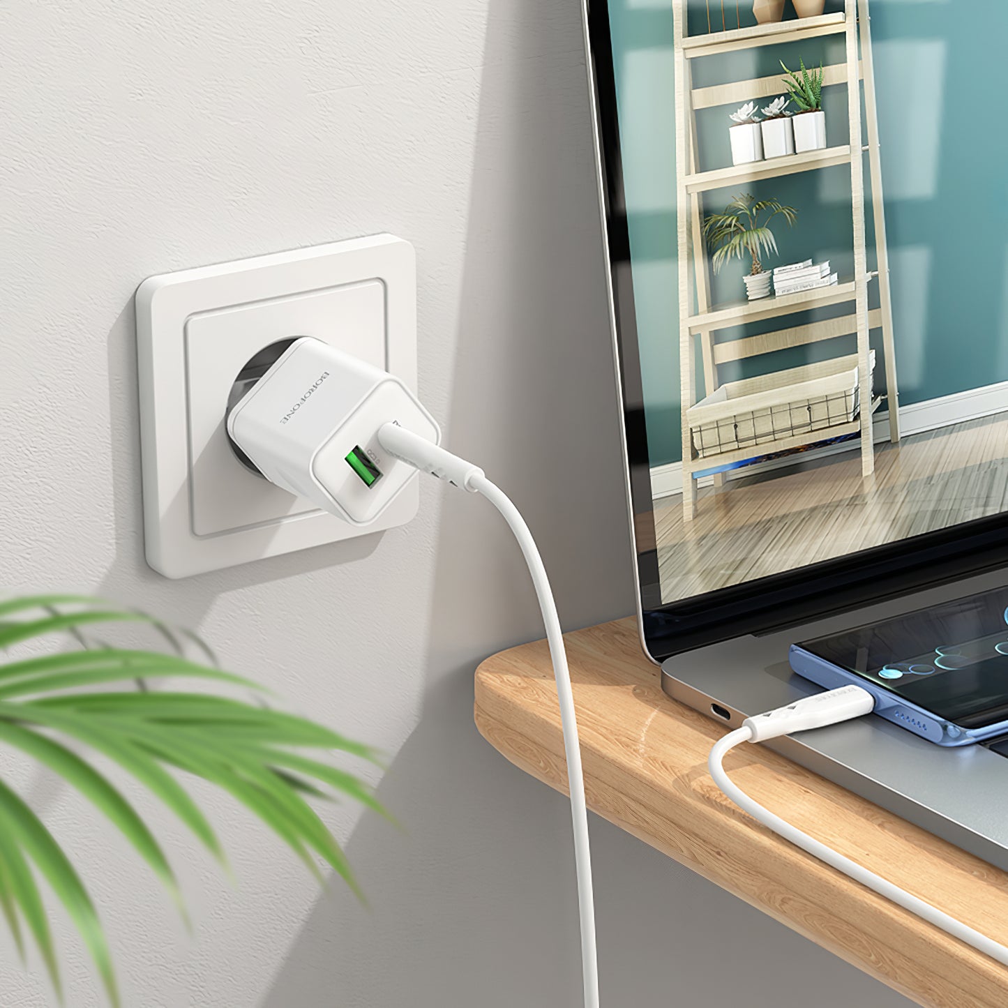 Borofone BN7 Netzwerkladegerät mit USB-C-Kabel, 20 W, 3 A, 1 x USB-A – 1 x USB-C, Weiß