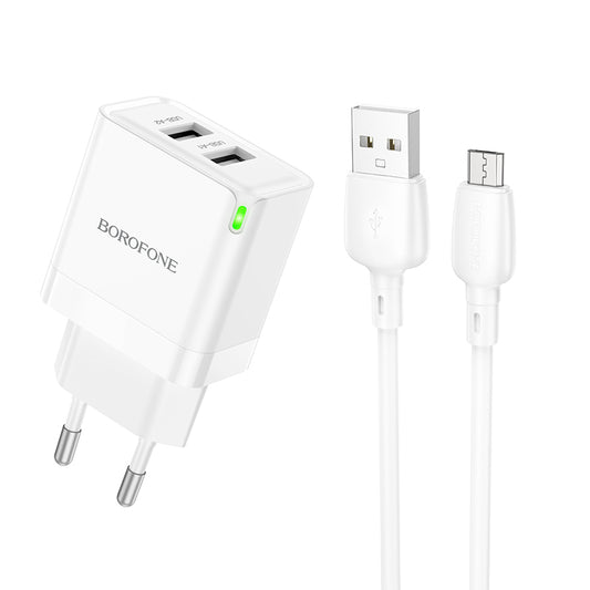 Network Charger with microUSB Cable Borofone BN15 Strong, 10.5W, 2.1A, 2 x USB-A, White 