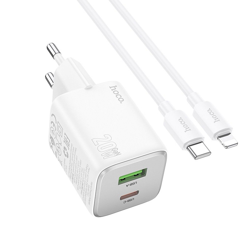 Network Charger with Lightning Cable HOCO N41, 20W, 3A, 1 x USB-A - 1 x USB-C, White