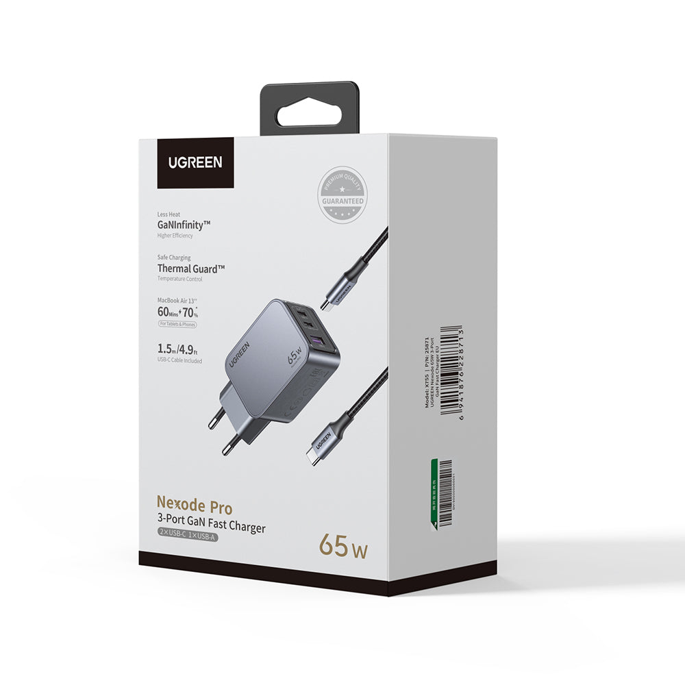 Netzladegerät mit USB-C Kabel UGREEN X755 Nexode Pro, 65W, 3A, 1 x USB-A - 2 x USB-C, Grau