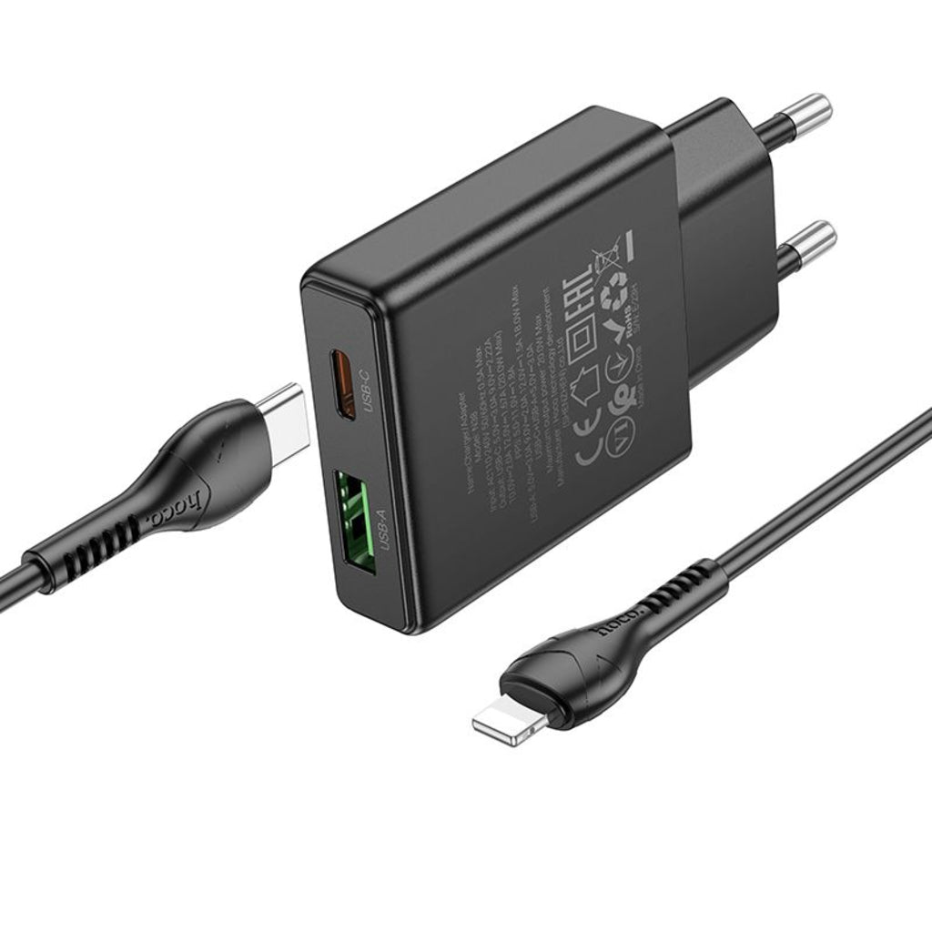 Netzladegerät mit Lightning-Kabel HOCO N38, 20W, 3A, 1 x USB-A - 1 x USB-C, Schwarz