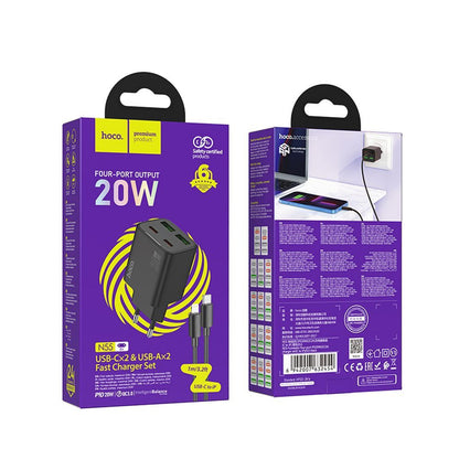 Netzladegerät mit Lightning-Kabel HOCO N55, 20W, 3A, 2 x USB-A - 2 x USB-C, Schwarz