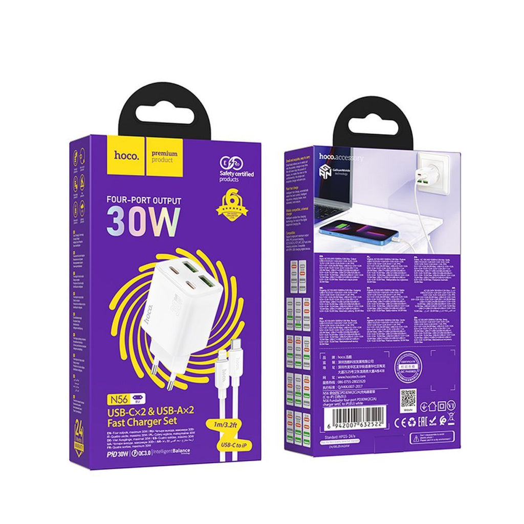 Netzladegerät mit Lightning-Kabel HOCO N56, 30W, 3A, 2 x USB-A - 2 x USB-C, Weiß