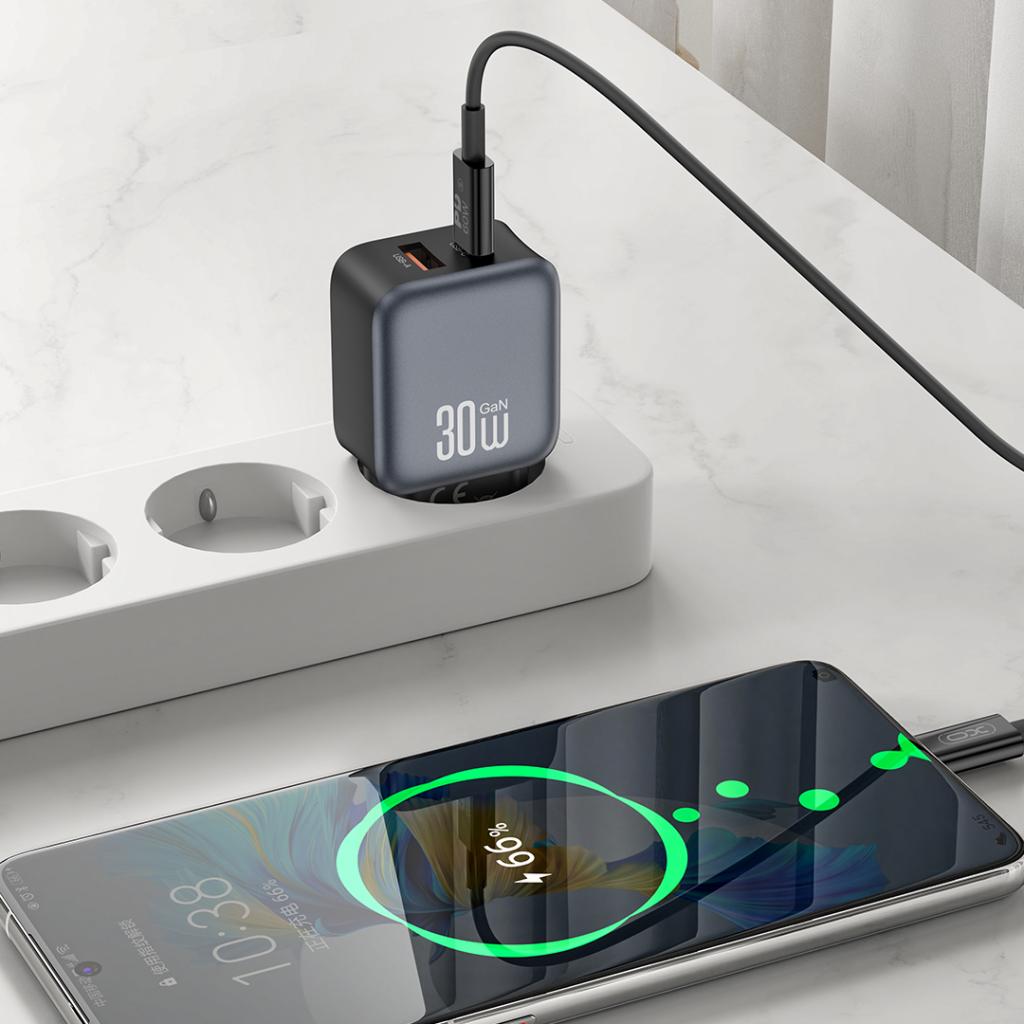 Netzladegerät mit USB-C Kabel XO Design L156, 30W, 3A, 1 x USB-A - 1 x USB-C, Schwarz