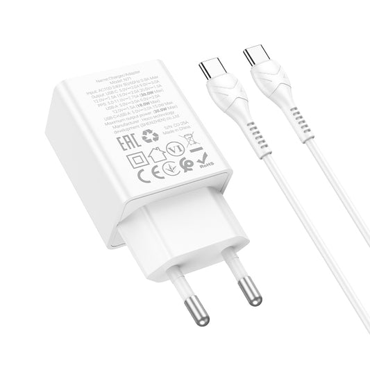 Network Charger with USB-C Cable HOCO N71, 30W, 3A, 1 x USB-A - 1 x USB-C, White