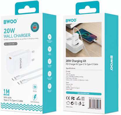 Netzladegerät mit USB-C Kabel BWOO CDA159, 20W, 3A, 1 x USB-C, Weiß