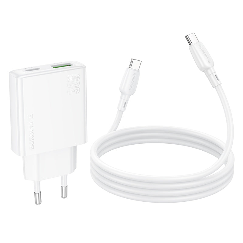 Netzwerkladegerät mit USB-C-Kabel Borofone BN25 Wish, 30 W, 3 A, 1 x USB-A - 1 x USB-C, Weiß