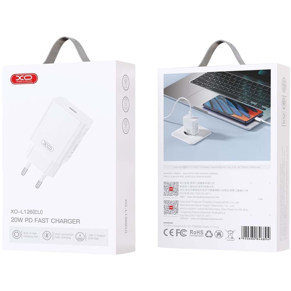Network Charger with USB-C Cable XO Design L126, 20W, 3A, 1 x USB-C, White